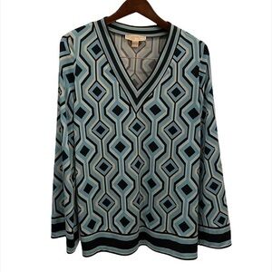 Michael Kors Blue Geometric Long Sleeve Vneck Tshirt Women Medium 95% polyester